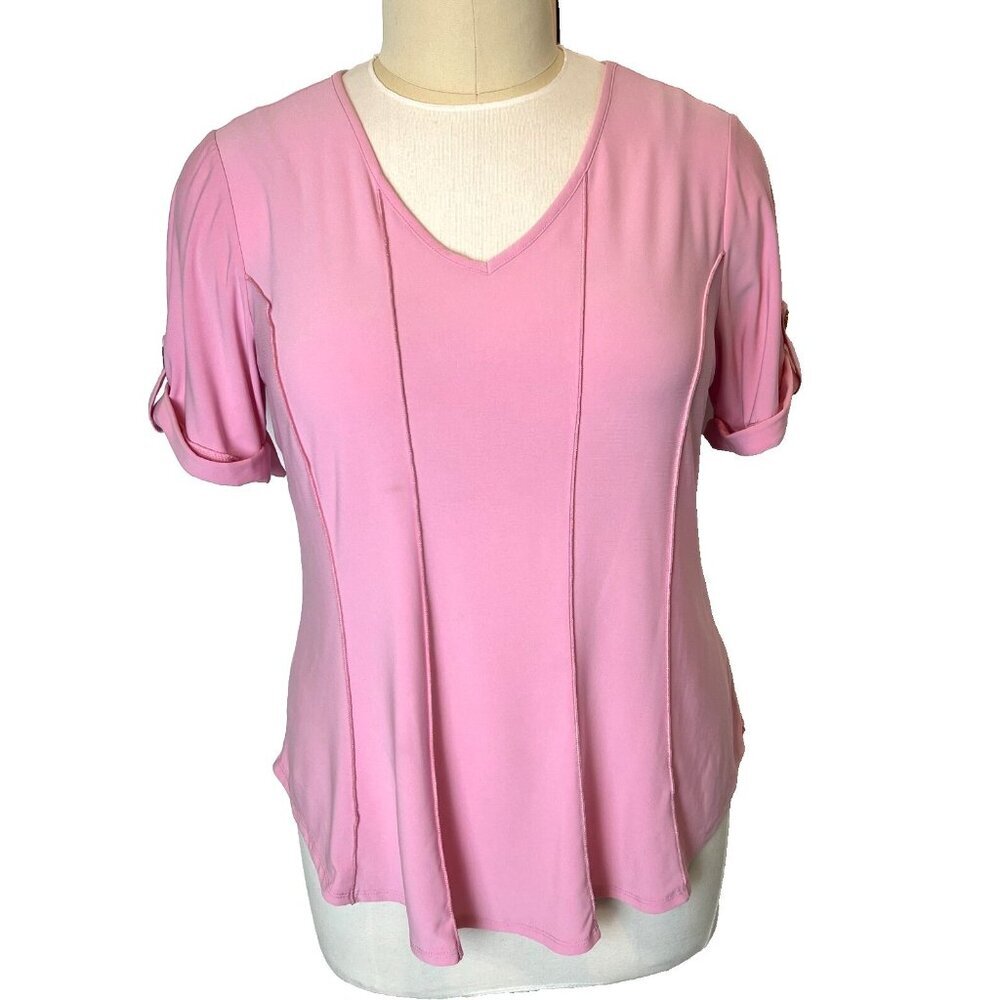 Juniper+Lime - Women's 2X Blouse Pink V-Neck Short Sleeve Roll Tab Princess Seam